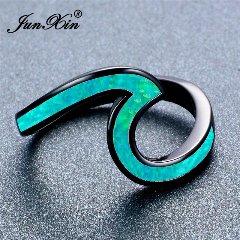 Unique Green/Pink/White/Purple/Blue Fire Opal Wave Ring High Quality Black Gold Filled Wedding Rings For Women Best Gift