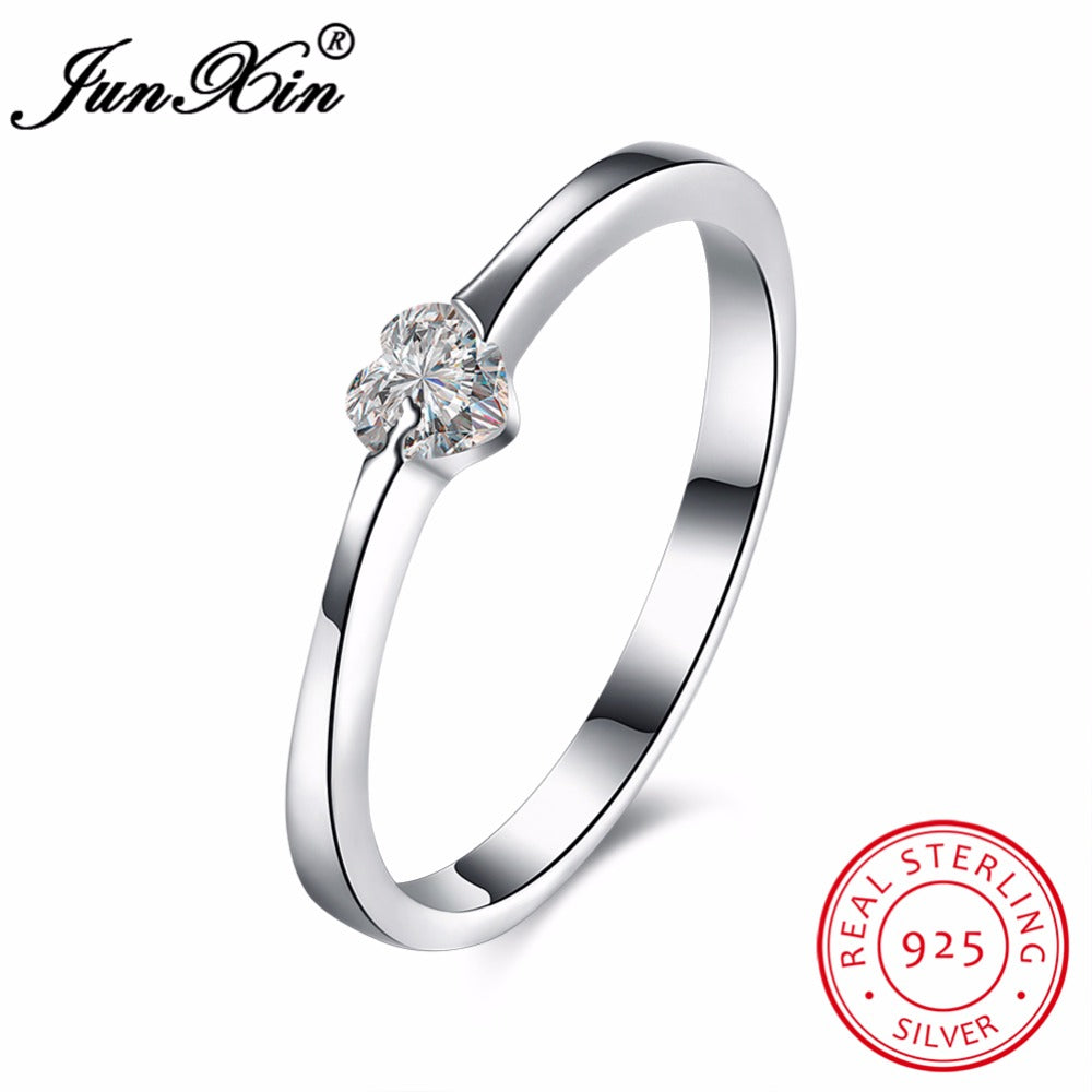 White CZ Round Zircon Heart Rings for Women 100% Real 925 Sterling Silver Jewelry Promise Engagement Rings