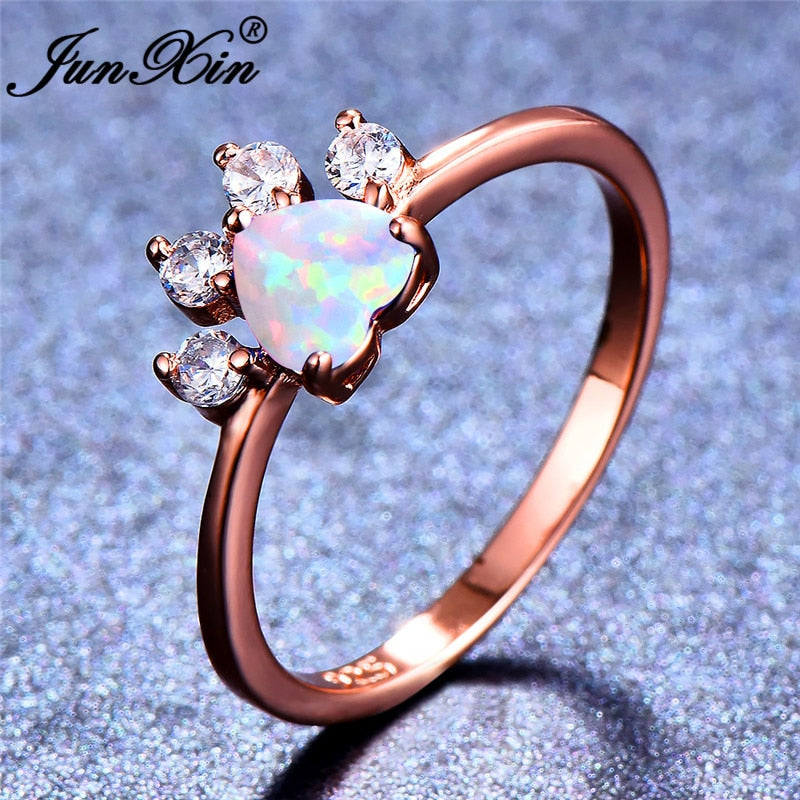 White Fire Opal Stone Animal Footprint Rings For Women Rose Gold/Silver Color CZ Cat Dog Paw Heart Ring Pet Claws Jewelry