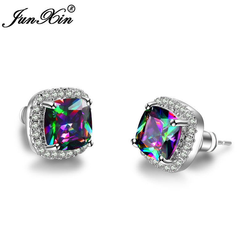 Women Rainbow Square Earrings Rose White Gold Multi Color Earrings Wedding Jewelry Double Sided Earrings For Women Gifts