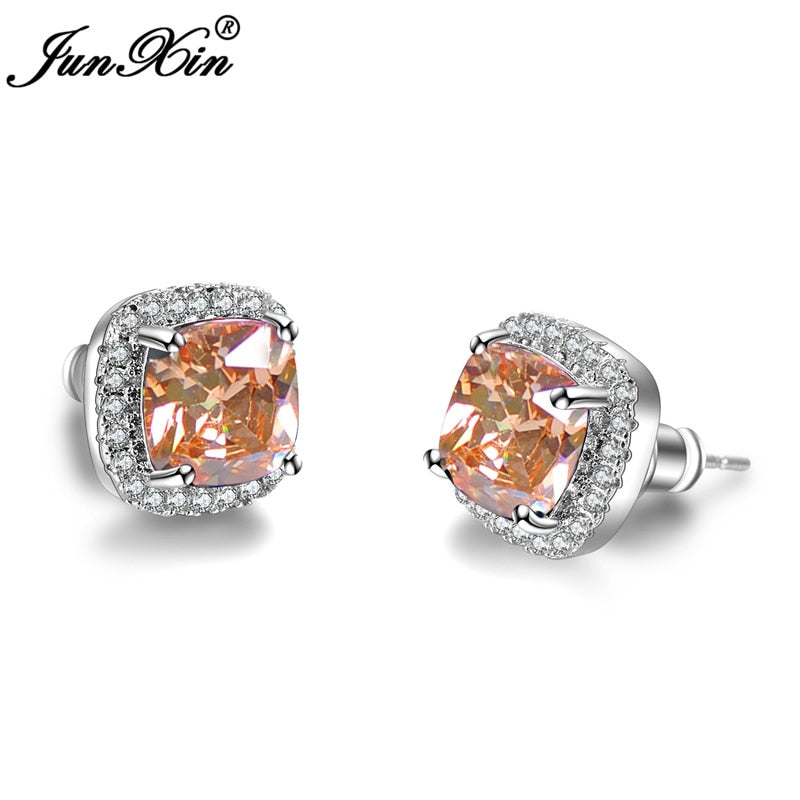 Women Rainbow Square Earrings Rose White Gold Multi Color Earrings Wedding Jewelry Double Sided Earrings For Women Gifts