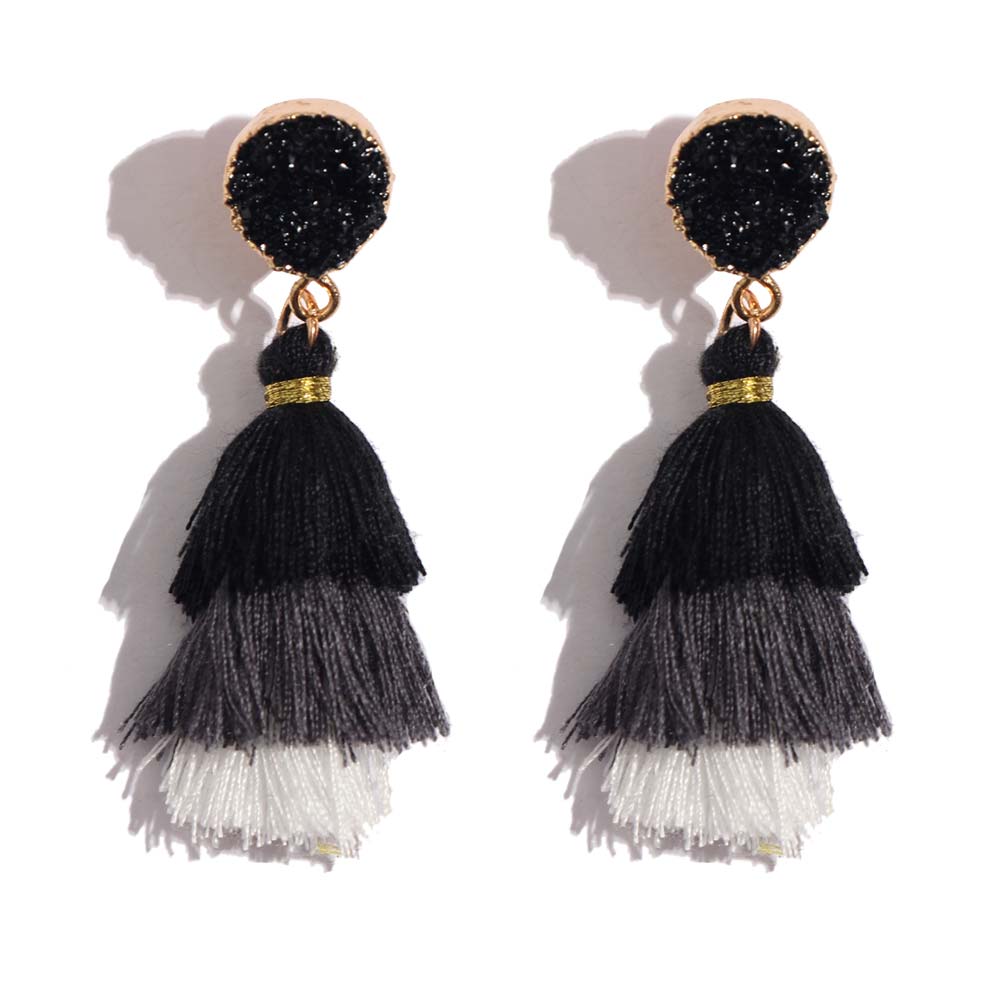 JUST FEEL 2020 Fashion Layered Tassel Earrings Bohemian Dangle Drop Tiered 3 Layer Tassel Druzy Stud Earrings for Women Gifts