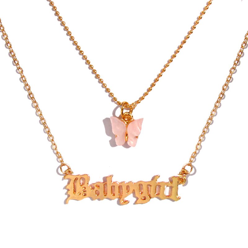 JUST FEEL Gold Silver Color Babygirl Letter Pendant Necklace for Women Multilayer Butterfly Clavicle Chain Necklace Jewelry Gift