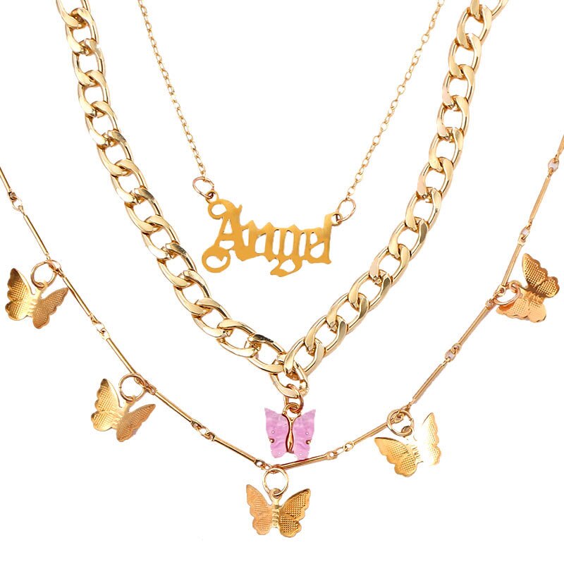 JUST FEEL Gold Silver Color Babygirl Letter Pendant Necklace for Women Multilayer Butterfly Clavicle Chain Necklace Jewelry Gift