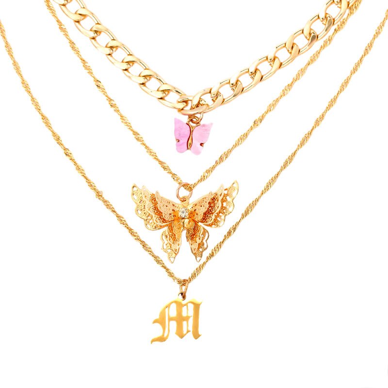 JUST FEEL Gold Silver Color Babygirl Letter Pendant Necklace for Women Multilayer Butterfly Clavicle Chain Necklace Jewelry Gift