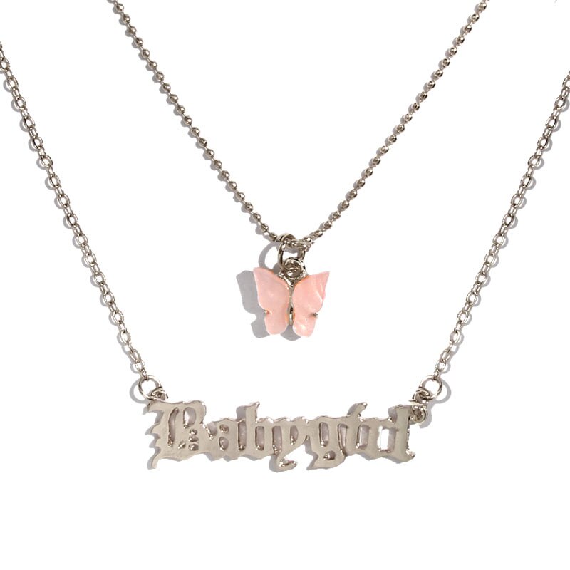 JUST FEEL Gold Silver Color Babygirl Letter Pendant Necklace for Women Multilayer Butterfly Clavicle Chain Necklace Jewelry Gift