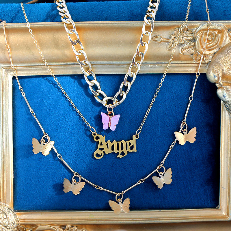 JUST FEEL Gold Silver Color Babygirl Letter Pendant Necklace for Women Multilayer Butterfly Clavicle Chain Necklace Jewelry Gift