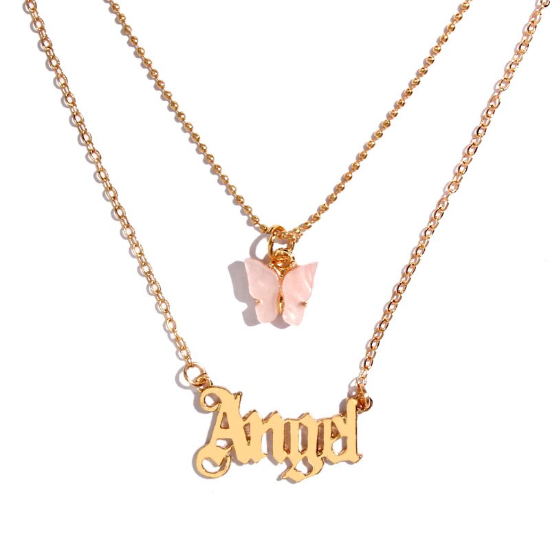 JUST FEEL Gold Silver Color Babygirl Letter Pendant Necklace for Women Multilayer Butterfly Clavicle Chain Necklace Jewelry Gift