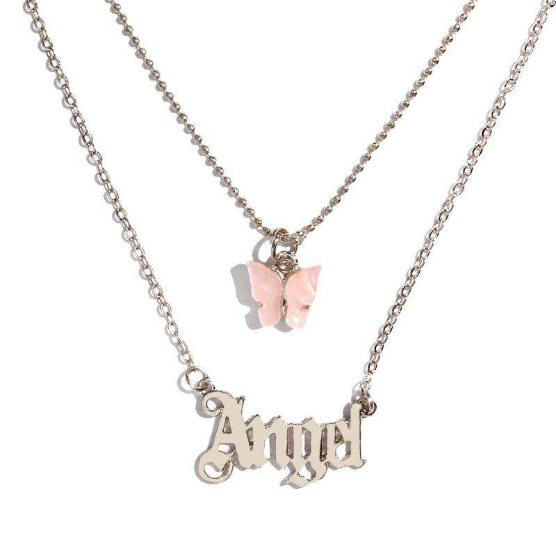 JUST FEEL Gold Silver Color Babygirl Letter Pendant Necklace for Women Multilayer Butterfly Clavicle Chain Necklace Jewelry Gift