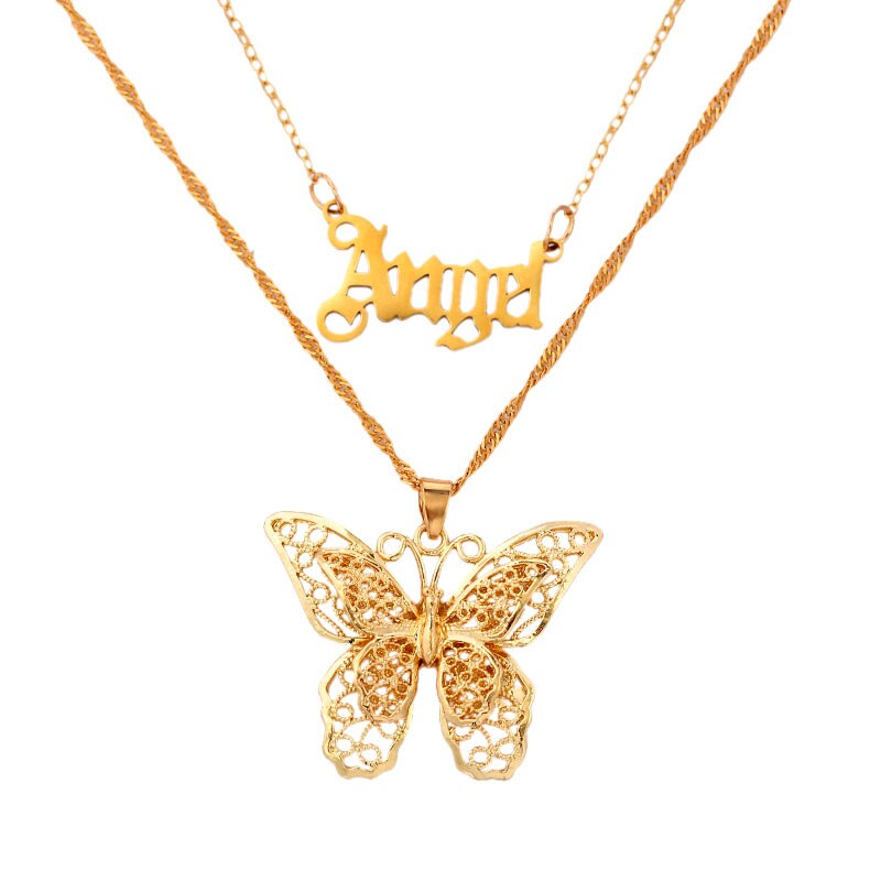 JUST FEEL Gold Silver Color Babygirl Letter Pendant Necklace for Women Multilayer Butterfly Clavicle Chain Necklace Jewelry Gift