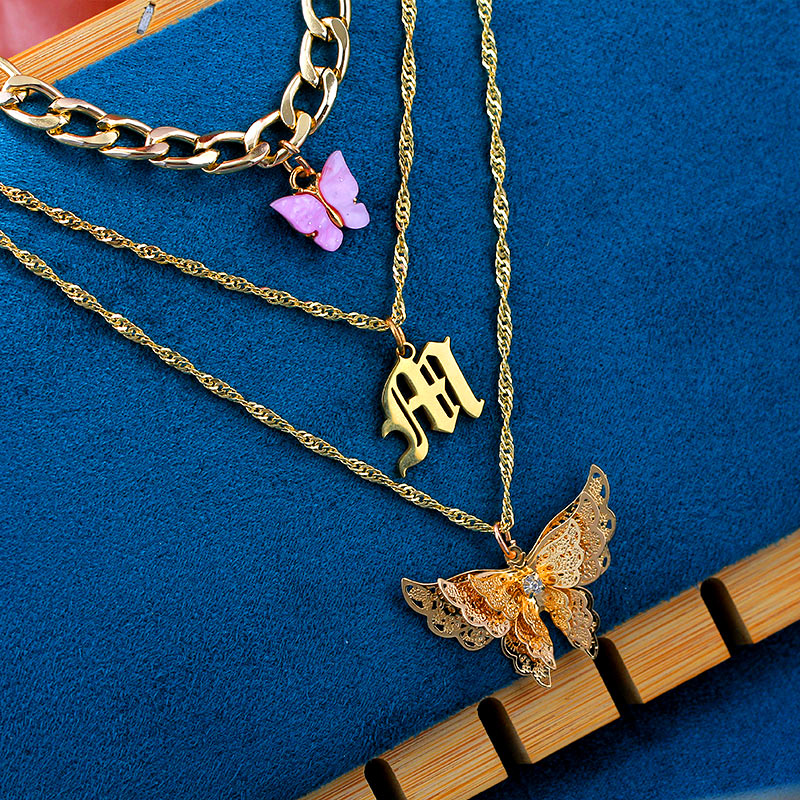 JUST FEEL Gold Silver Color Babygirl Letter Pendant Necklace for Women Multilayer Butterfly Clavicle Chain Necklace Jewelry Gift