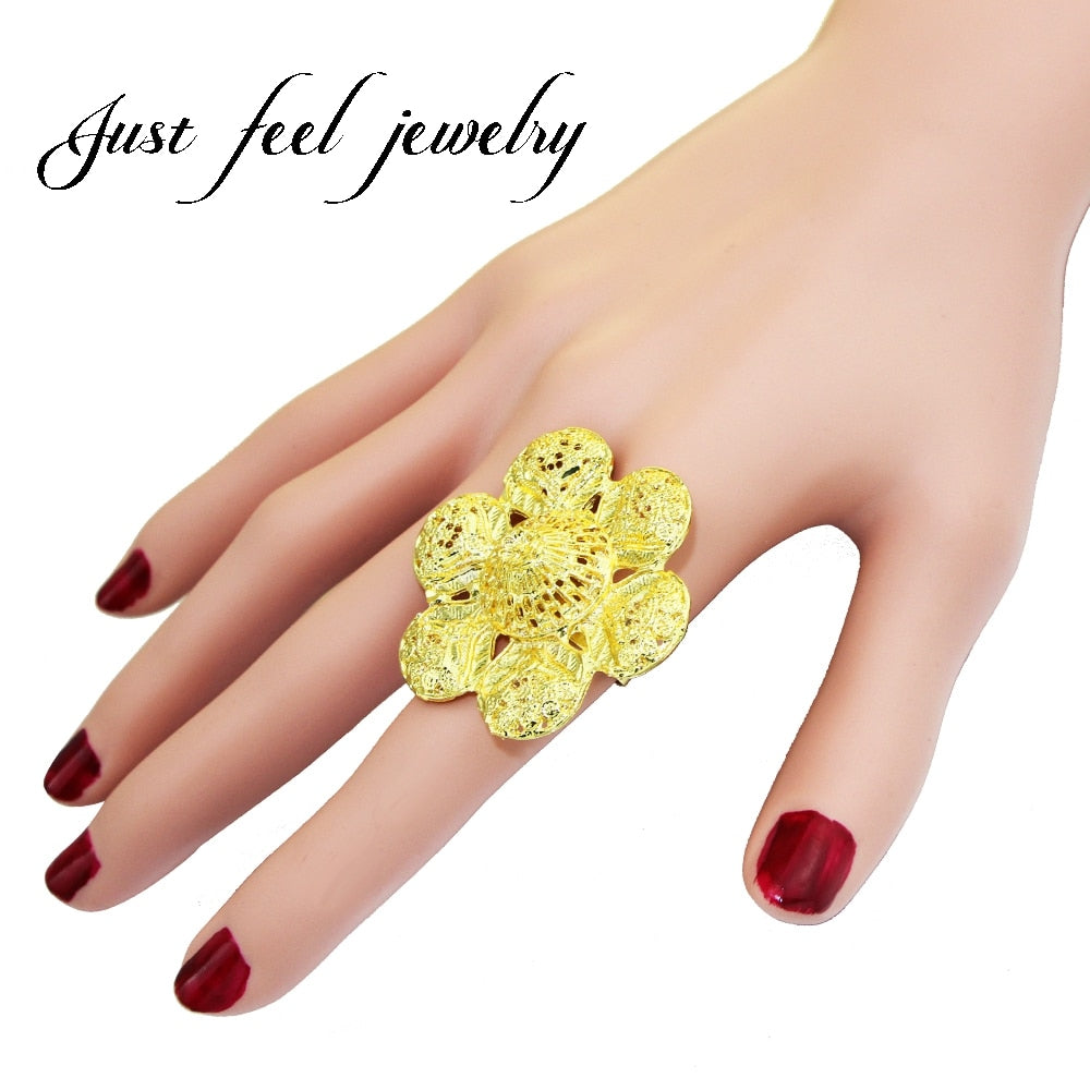 JUST FEEL India Gold Color Rings for Women Big Flowers Resizable Wedding Rings Fashion Arab/India/Africa Middle East Jewelry