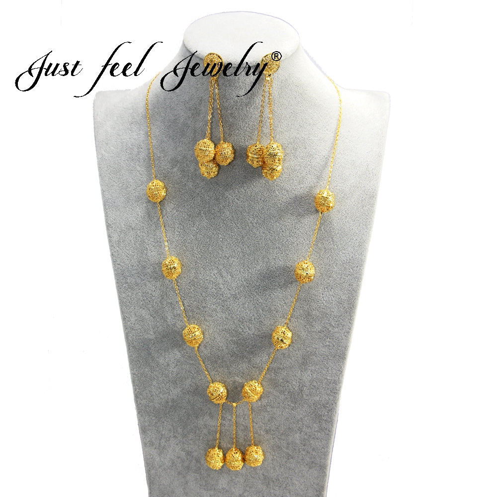 JUST FEEL India Jewelry Set Round Balls Long Chain Necklace Gold Color Tassel Statement Earrings for Woman Arab Engagement Gifts