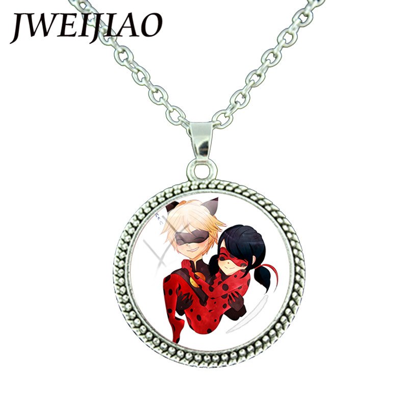 JWEIJIAO Miraculous Ladybugs Glass Gems Pendant Necklace Silver Color Round Charms Lady Bug Girl and Black Cat Necklace LB54