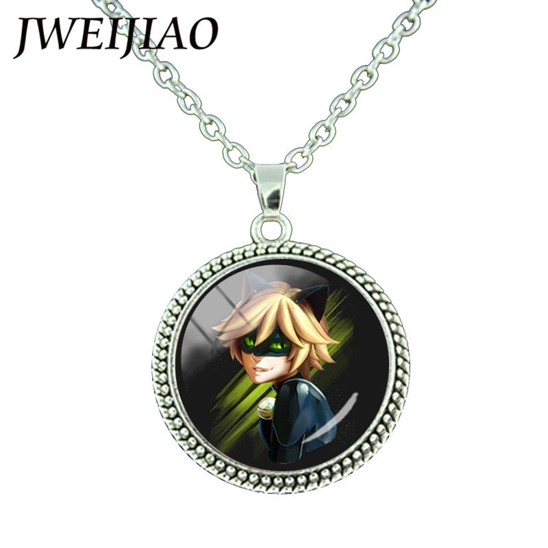 JWEIJIAO Miraculous Ladybugs Glass Gems Pendant Necklace Silver Color Round Charms Lady Bug Girl and Black Cat Necklace LB54