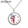 JWEIJIAO Miraculous Ladybugs Glass Gems Pendant Necklace Silver Color Round Charms Lady Bug Girl and Black Cat Necklace LB54