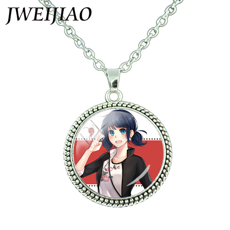 JWEIJIAO Miraculous Ladybugs Glass Gems Pendant Necklace Silver Color Round Charms Lady Bug Girl and Black Cat Necklace LB54