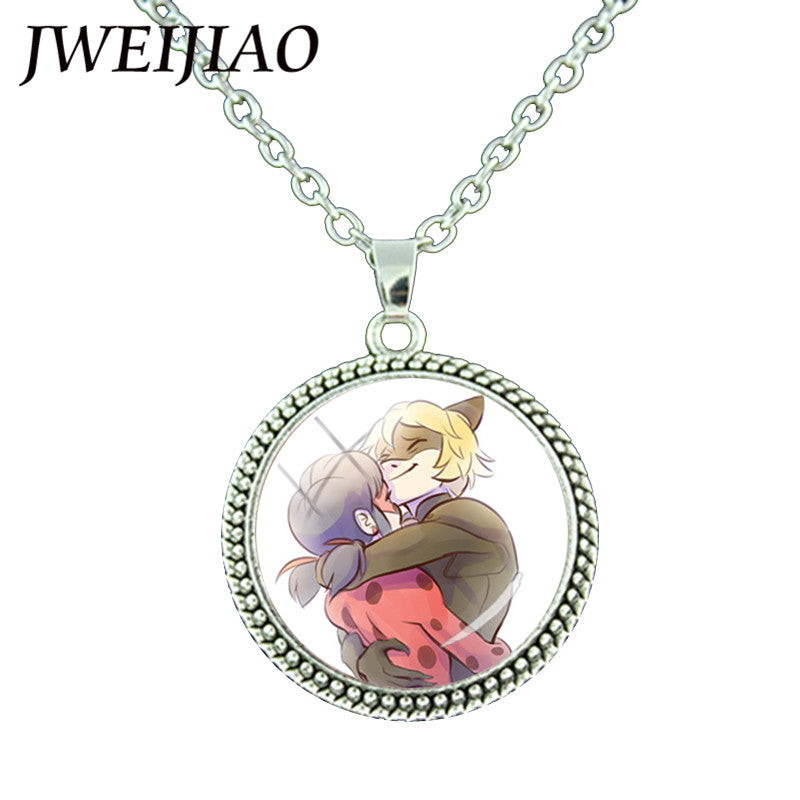 JWEIJIAO Miraculous Ladybugs Glass Gems Pendant Necklace Silver Color Round Charms Lady Bug Girl and Black Cat Necklace LB54