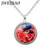 JWEIJIAO Miraculous Ladybugs Glass Gems Pendant Necklace Silver Color Round Charms Lady Bug Girl and Black Cat Necklace LB54