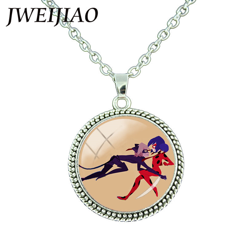 JWEIJIAO Miraculous Ladybugs Glass Gems Pendant Necklace Silver Color Round Charms Lady Bug Girl and Black Cat Necklace LB54