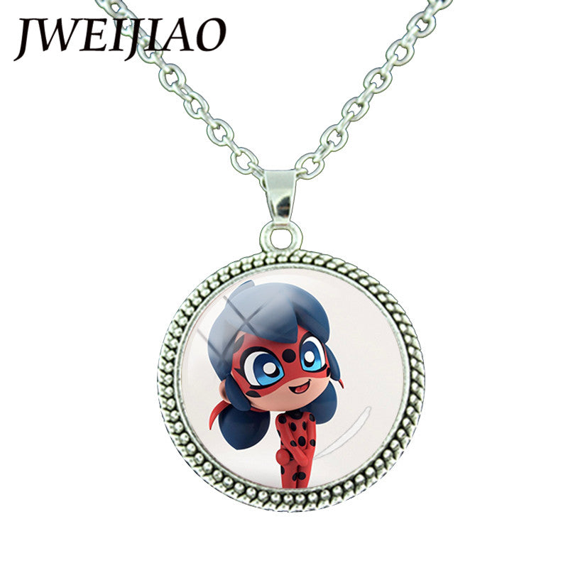 JWEIJIAO Miraculous Ladybugs Glass Gems Pendant Necklace Silver Color Round Charms Lady Bug Girl and Black Cat Necklace LB54