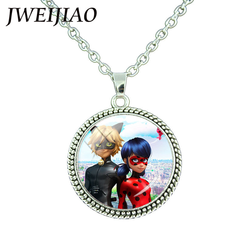 JWEIJIAO Miraculous Ladybugs Glass Gems Pendant Necklace Silver Color Round Charms Lady Bug Girl and Black Cat Necklace LB54