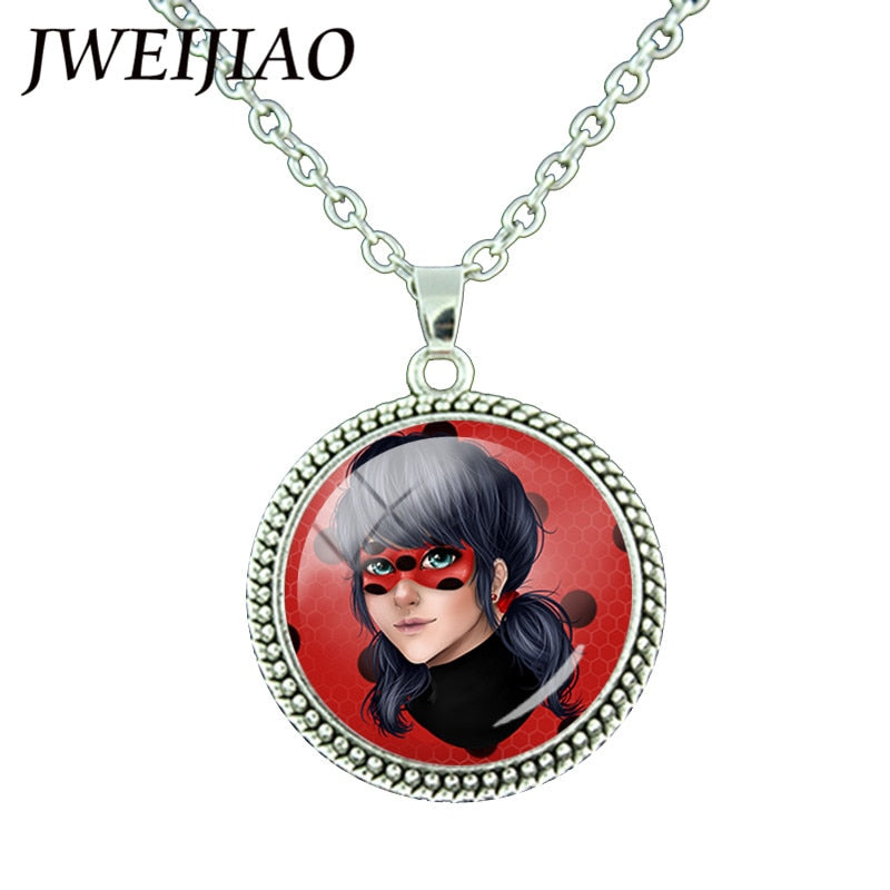 JWEIJIAO Miraculous Ladybugs Glass Gems Pendant Necklace Silver Color Round Charms Lady Bug Girl and Black Cat Necklace LB54