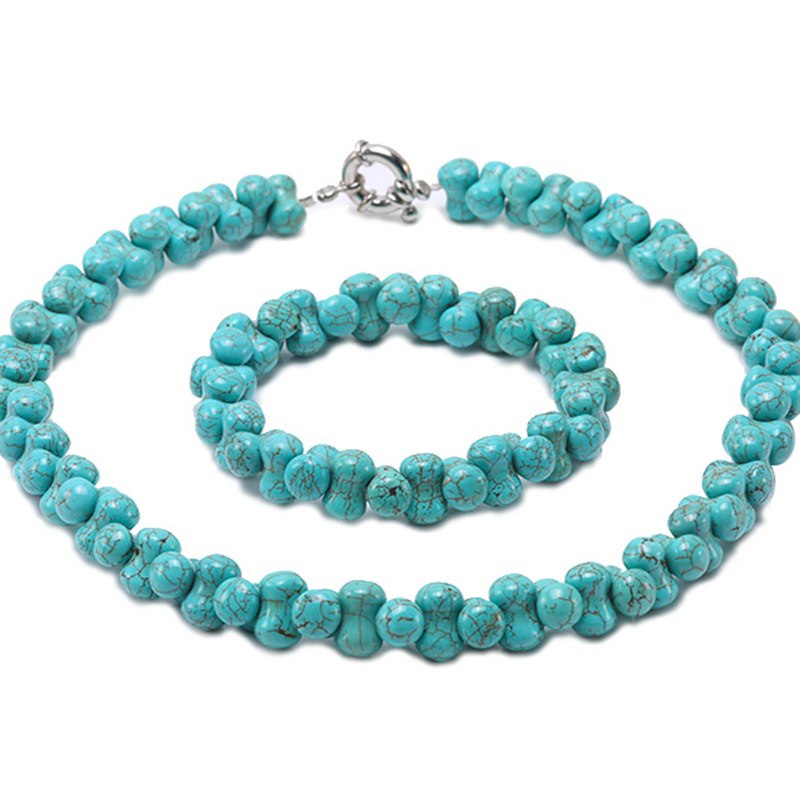12.5x8.5mm Bone-shape Blue Turquoise Necklace Bracelet Set