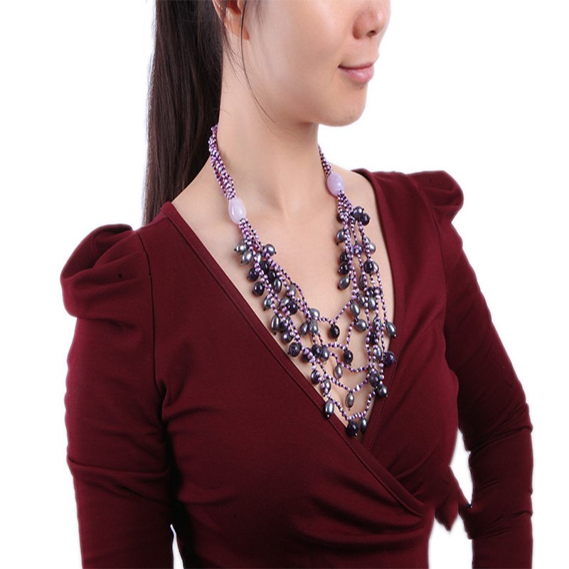 4mm Black Flat Pearl with Amethyst Necklace