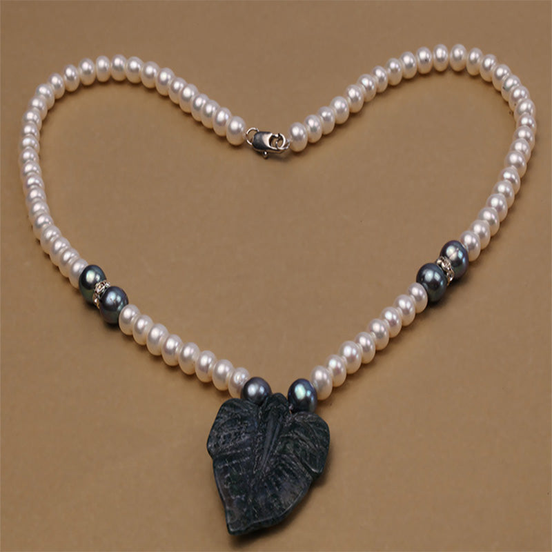 6-7mm Natural White Round Pearl with Breciated Jasper jade Stone Single Strand Necklace