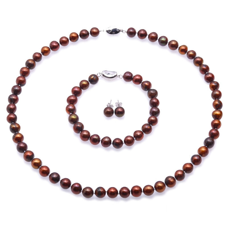 8-9mm Pearl Necklace Set Coffee Round Cultured Pearl Necklace Bracelet and Earrings Set Wedding Jewelry