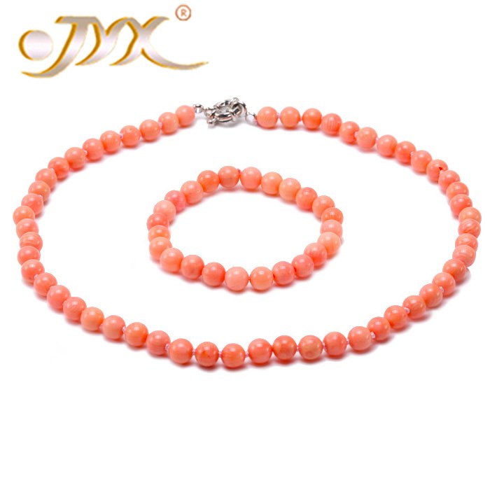 8mm Natural Pink Coral Necklace & Bracelet Set Hand Knotted stones gem beads necklace for women 18.5