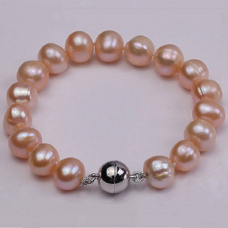 9-12mm Pink Round Cultured Pearl Bracelet Charms Women Kids Wedding Bracelet 7.5