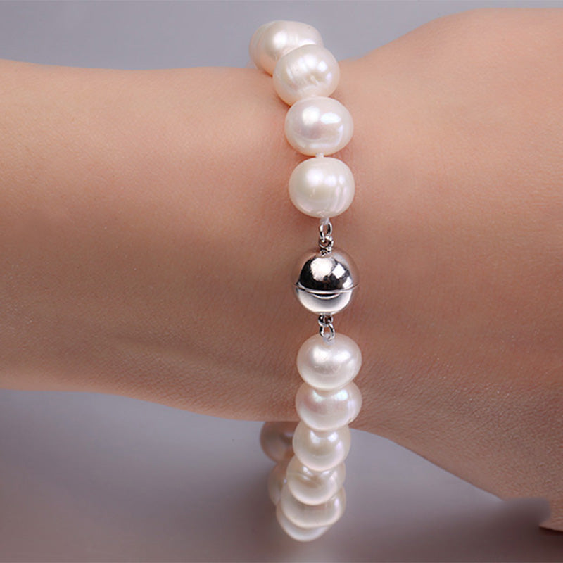 925 Silver Pearl Bracelet 10-11mm White Round Pearl Bracelet Wedding Party Gift