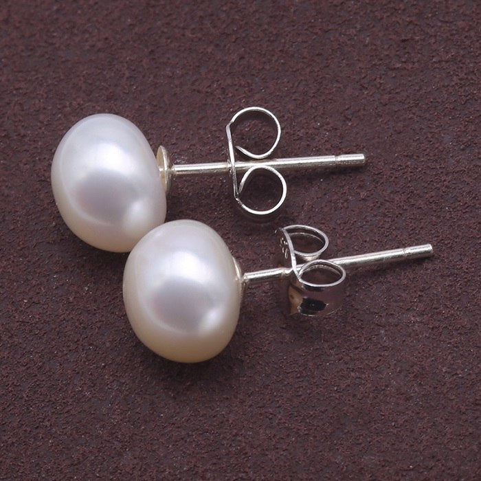 925 Sterling Silver Earrings Natural 6-10mm White Pearl Stud Earrings for Women - AAA Quality