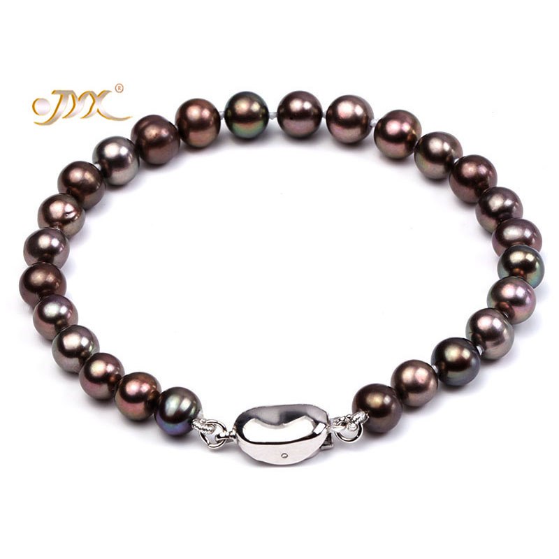 Black and Coffee Round Natural Cultured 925 Silver Pearl Bracelet - Gift for Birthday(6-6.5mm Pearl)