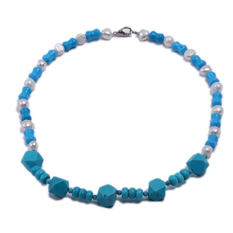 Blue Tiger Shape Turquoise With Natural White Pearl Necklace
