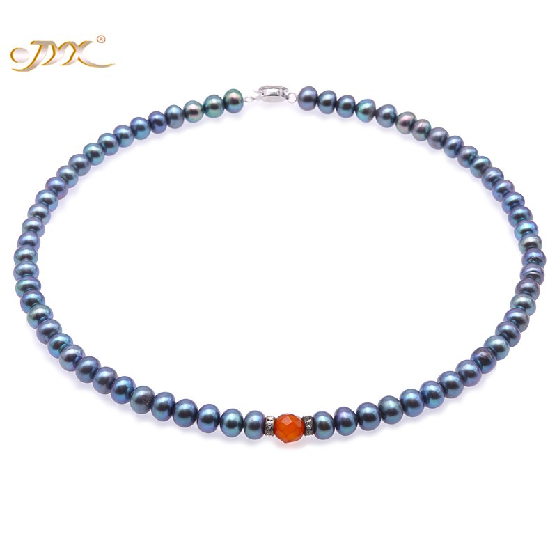 Blueish Black Near Round 7.5mm Pearl Necklace With Agate Choker necklace with Pearl Gifts 16 inches- 100% Real