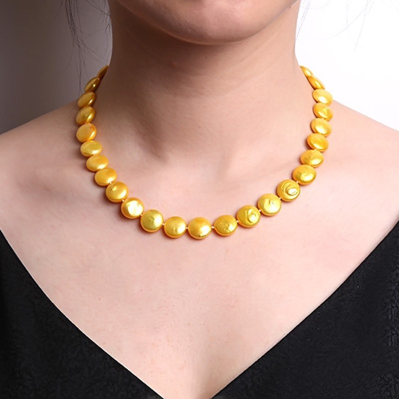 Classic 12-13mm Yellow Button Pearl Necklace Gift AAA 17.5 inches