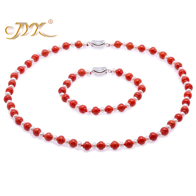 Delicate 7mm Carved Red Coral and White Pearl Necklace Bracelet Set Gifts for women