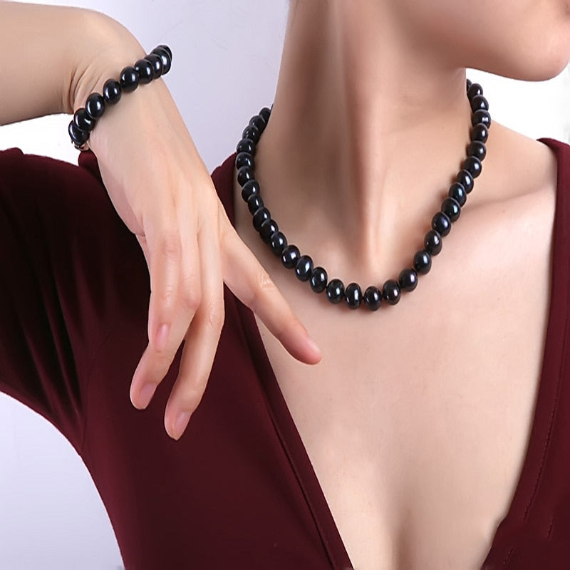 Jewelry Sets 10-11 mm Black Round Cultured Pearl Necklace Bracelet 925 Silver Hook Earrings -Party Wedding 18