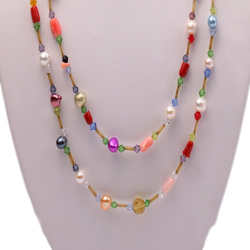 Long Pearl Necklace 6-7mm Multicolor Pearl with Irregular Coral Opera Necklace