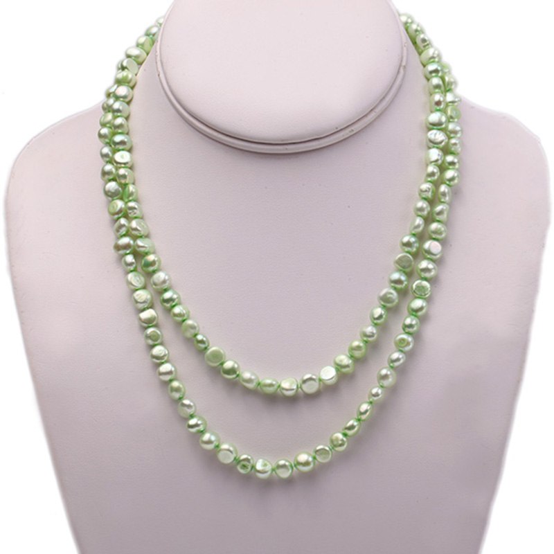 Long Pearl Necklace fashion Women Jewelry 7-8mm Yellow Green Real Pearl Opera Necklace 35