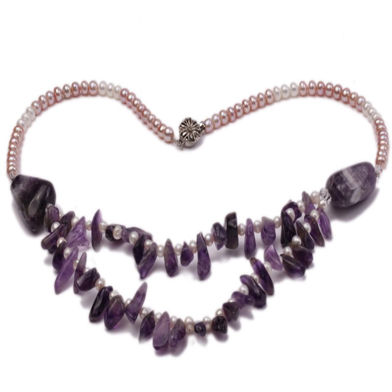 Natural 5-6mm Lavender Flat Pearl with amethyst Chips Single Necklace
