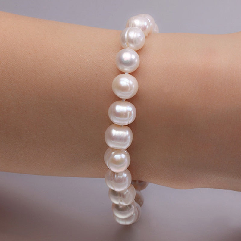 Natural 8-10mm White Round Pearl Bracelet Men Women 7.5