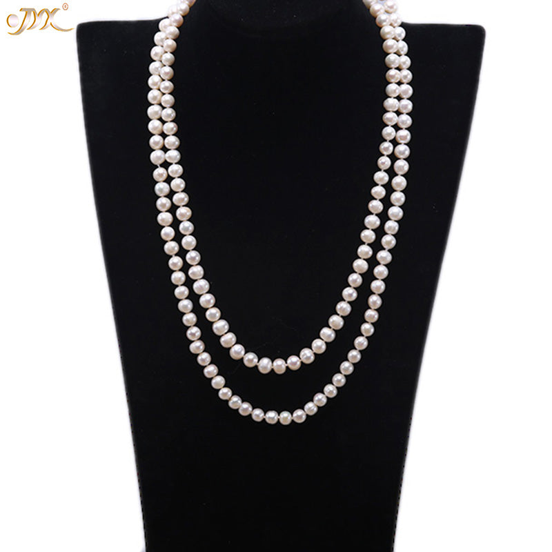 Natural Long Pearl Necklace Double Row White Round Real Pearl Necklace Indian Jewelry 47(7.5 mm)