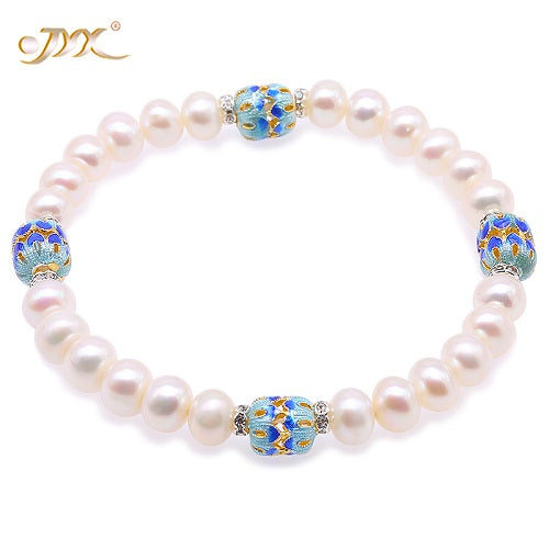 Pearl Bracelet Women 100% Natural Pearl Bracelet Mariage Dotted with Blue Cloisonne Zircons-7-inch(7-7.5mm Pearl)