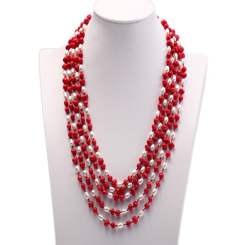Pearl Necklace 5 strand White Pearl and Red Coral Necklace