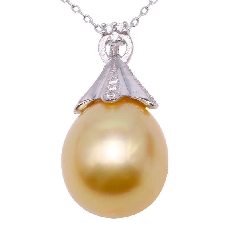 Pearl Silver 925 jewelry Genuine 12.5mm Oval Golden South Sea Cultured Pearl 925 Pendant Necklace in Sterling Silver 18