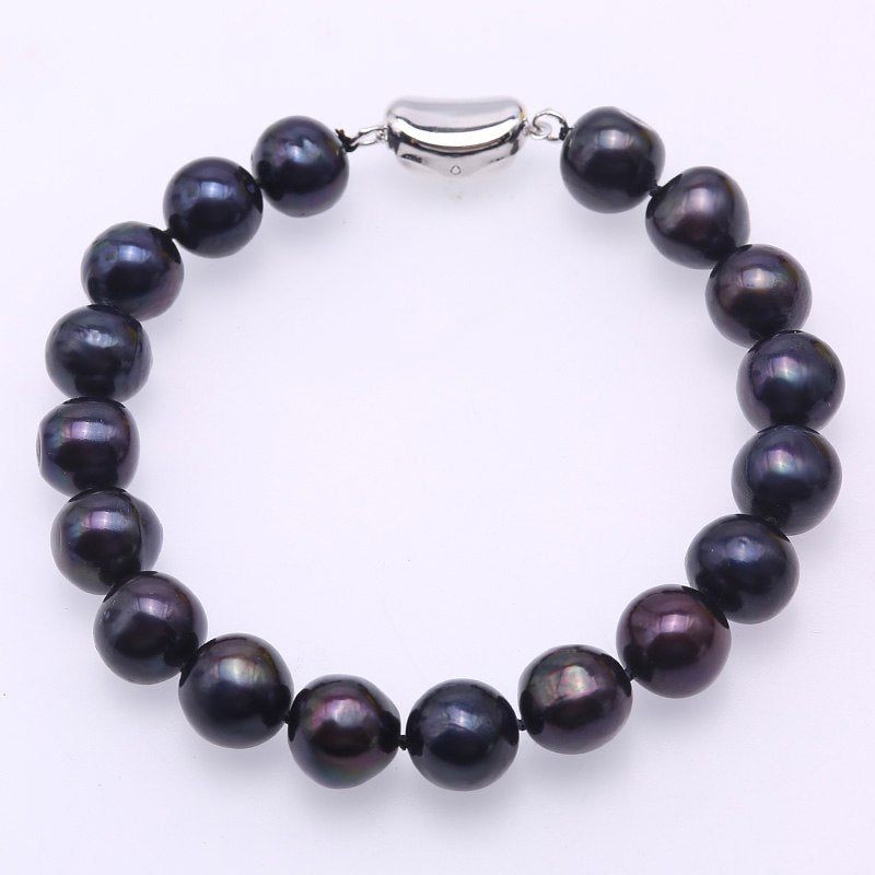 Real 10-11mm Black Round Pearl Bracelet Charms Women Men Jewelry 7.5